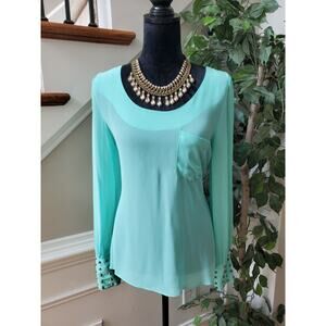Double Zero Womens Aqua Polyester Long Sleeve Round Neck Blouse Top Size Medium